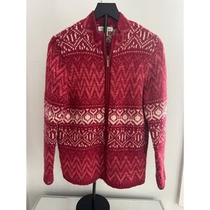 🌸 Coldwater Creek‎ Fair Isle Red Pink Wool Blend Sparkle Zip Cardigan M Holiday
